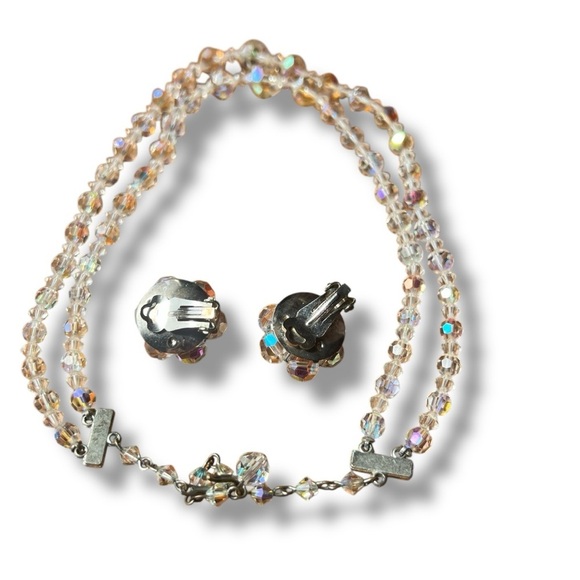 50s Aurora Borealis Clear Crystal Double Strand Necklace and Clip-on Earring Set - Picture 11 of 11